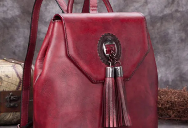 Genuine Handmade Leather Backpack Bag Tassel Vintage Shoulder Bag Women Leather Purse