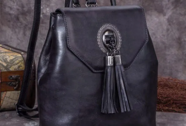 Genuine Handmade Leather Backpack Bag Tassel Vintage Shoulder Bag Women Leather Purse