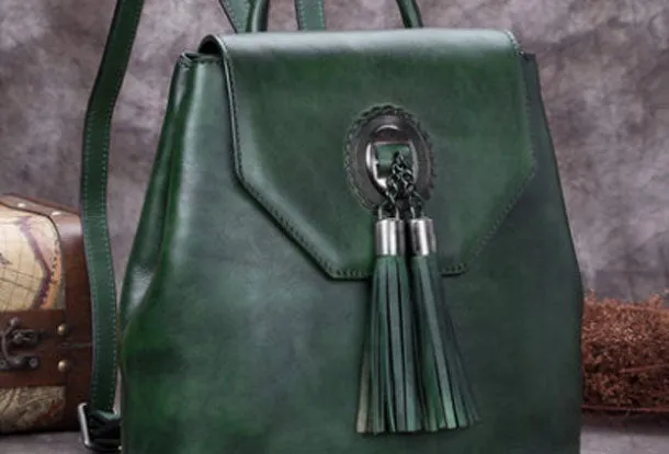 Genuine Handmade Leather Backpack Bag Tassel Vintage Shoulder Bag Women Leather Purse