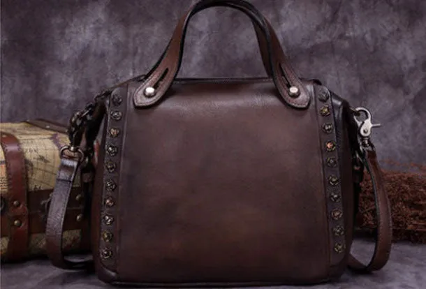 Genuine Leather Handbag Vintage Rivet Crossbody Bag Shoulder Bag Purse For Women