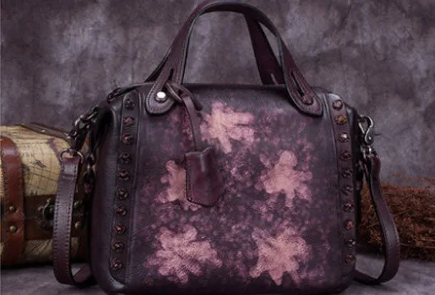 Genuine Leather Handbag Vintage Rivet Crossbody Bag Shoulder Bag Purse For Women