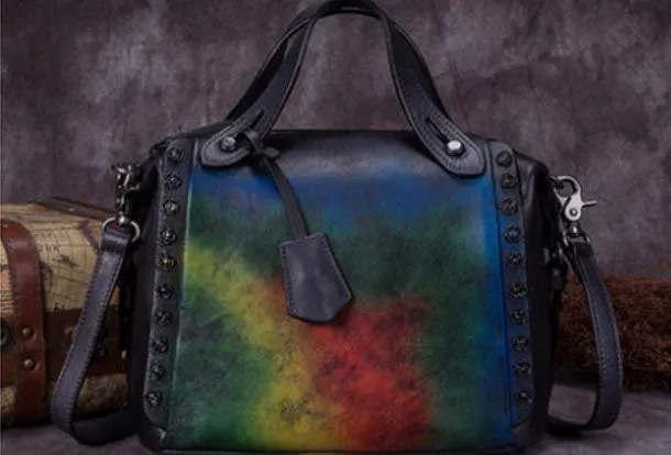 Genuine Leather Handbag Vintage Rivet Crossbody Bag Shoulder Bag Purse For Women