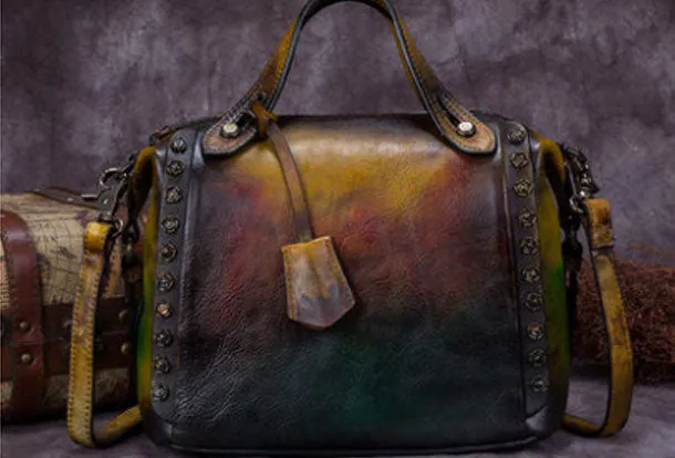 Genuine Leather Handbag Vintage Rivet Crossbody Bag Shoulder Bag Purse For Women
