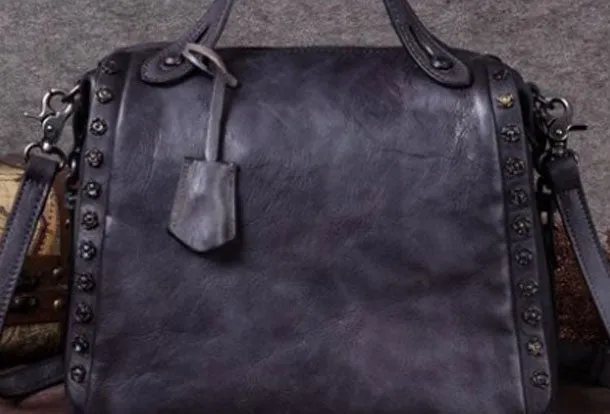 Genuine Leather Handbag Vintage Rivet Crossbody Bag Shoulder Bag Purse For Women