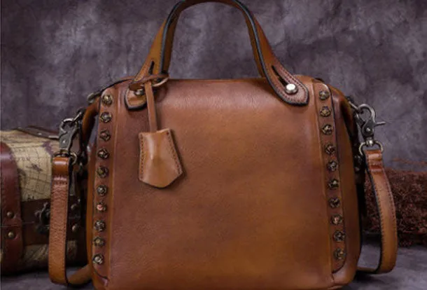 Genuine Leather Handbag Vintage Rivet Crossbody Bag Shoulder Bag Purse For Women