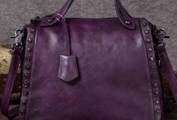 Genuine Leather Handbag Vintage Rivet Crossbody Bag Shoulder Bag Purse For Women
