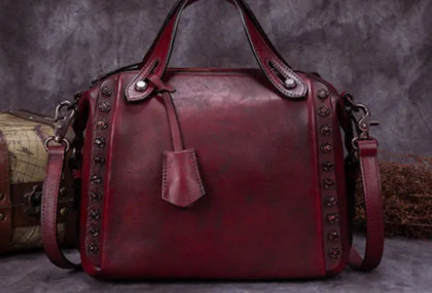 Genuine Leather Handbag Vintage Rivet Crossbody Bag Shoulder Bag Purse For Women