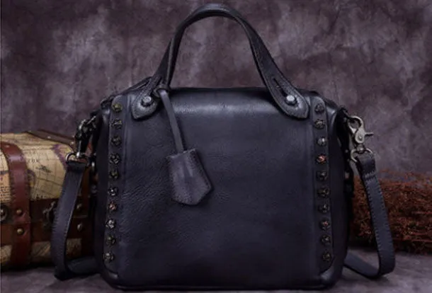 Genuine Leather Handbag Vintage Rivet Crossbody Bag Shoulder Bag Purse For Women