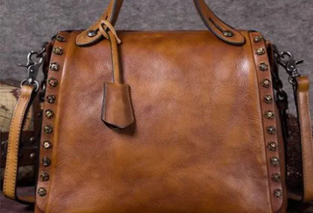 Genuine Leather Handbag Vintage Rivet Crossbody Bag Shoulder Bag Purse For Women