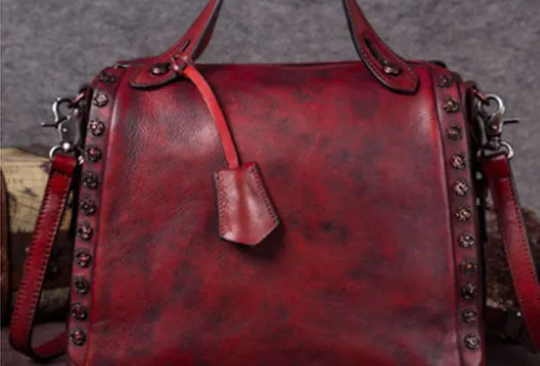 Genuine Leather Handbag Vintage Rivet Crossbody Bag Shoulder Bag Purse For Women