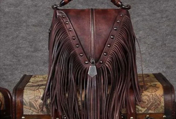 Genuine Leather Handbag Vintage Tassel Bamboo Crossbody Bag Shoulder Bag Purse For Women