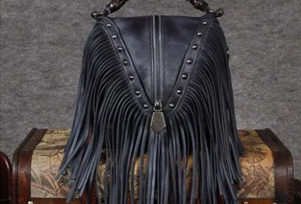 Genuine Leather Handbag Vintage Tassel Bamboo Crossbody Bag Shoulder Bag Purse For Women