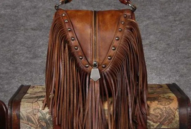Genuine Leather Handbag Vintage Tassel Bamboo Crossbody Bag Shoulder Bag Purse For Women