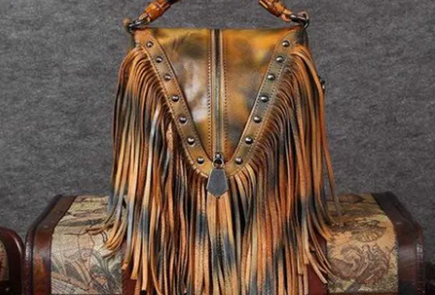 Genuine Leather Handbag Vintage Tassel Bamboo Crossbody Bag Shoulder Bag Purse For Women