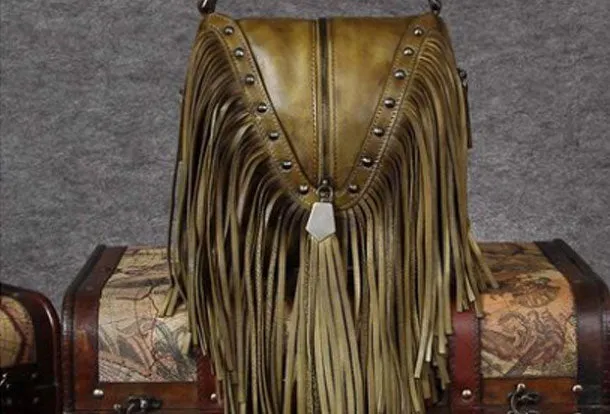 Genuine Leather Handbag Vintage Tassel Bamboo Crossbody Bag Shoulder Bag Purse For Women