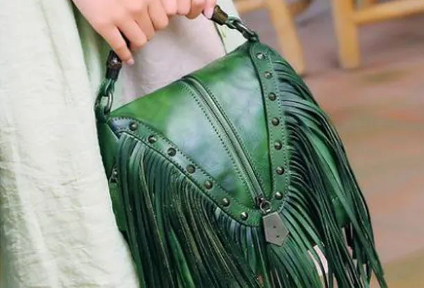 Genuine Leather Handbag Vintage Tassel Bamboo Crossbody Bag Shoulder Bag Purse For Women