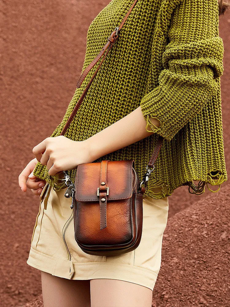 Green Floral Leather Womens VIntage Phone Shoulder Bag Small Side Bag Handmade Crossbody Purse for Ladies