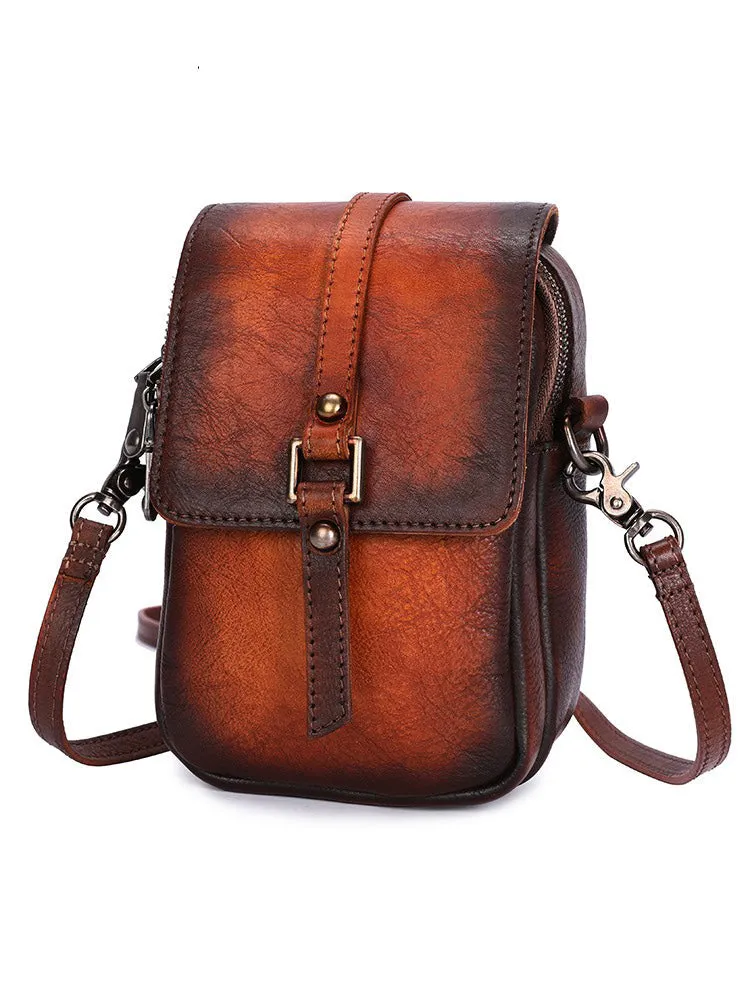 Green Floral Leather Womens VIntage Phone Shoulder Bag Small Side Bag Handmade Crossbody Purse for Ladies
