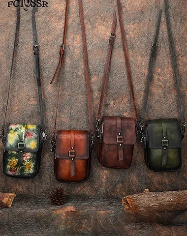 Green Floral Leather Womens VIntage Phone Shoulder Bag Small Side Bag Handmade Crossbody Purse for Ladies