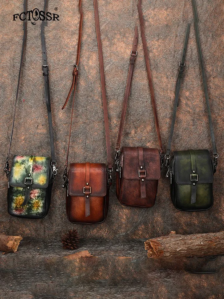 Green Floral Leather Womens VIntage Phone Shoulder Bag Small Side Bag Handmade Crossbody Purse for Ladies