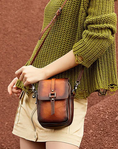 Green Floral Leather Womens VIntage Phone Shoulder Bag Small Side Bag Handmade Crossbody Purse for Ladies