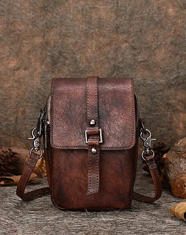Green Floral Leather Womens VIntage Phone Shoulder Bag Small Side Bag Handmade Crossbody Purse for Ladies