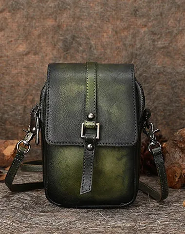 Green Floral Leather Womens VIntage Phone Shoulder Bag Small Side Bag Handmade Crossbody Purse for Ladies