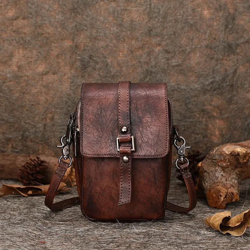 Green Floral Leather Womens VIntage Phone Shoulder Bag Small Side Bag Handmade Crossbody Purse for Ladies
