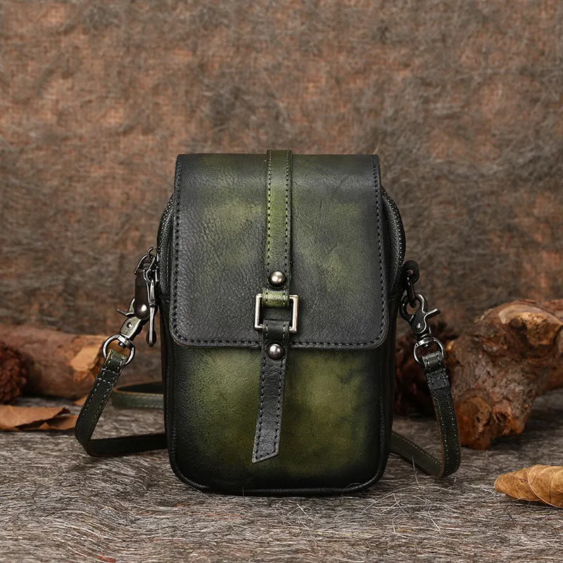 Green Floral Leather Womens VIntage Phone Shoulder Bag Small Side Bag Handmade Crossbody Purse for Ladies