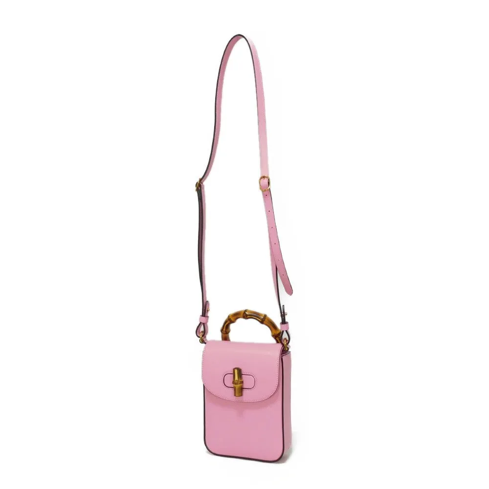 GUCCI Handbag 702106 UZY0T 5814 Smooth Calfskin Leather pink Bamboo Mini Shoulder Bag