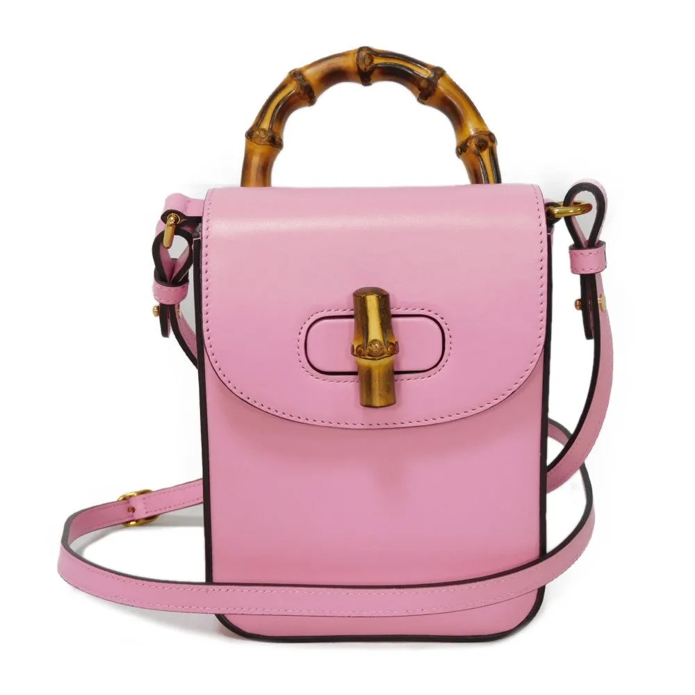 GUCCI Handbag 702106 UZY0T 5814 Smooth Calfskin Leather pink Bamboo Mini Shoulder Bag