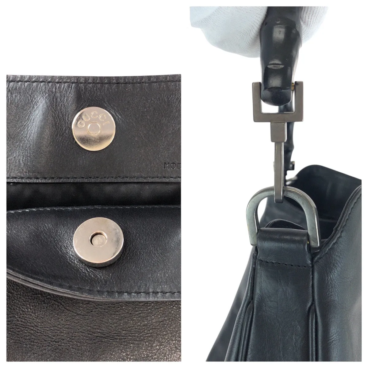 GUCCI Shoulder Bag 001 1577 leather BlackSilverMetal Shoulder Bag 2way Bamboo Women Used