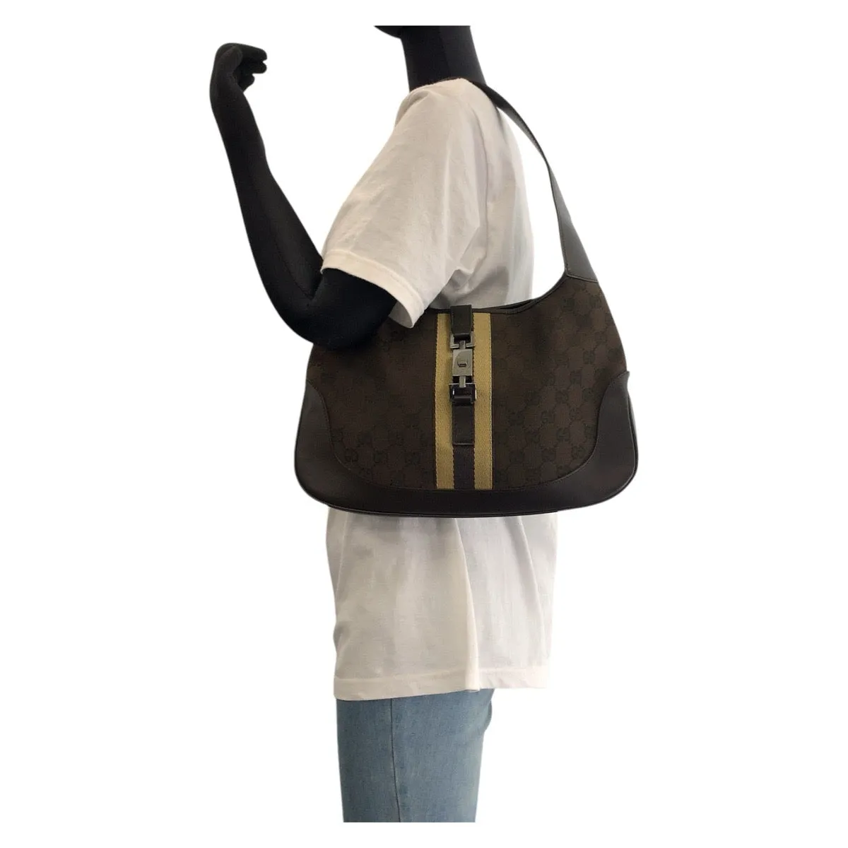 GUCCI Shoulder Bag 00963 GG canvas, leather Brown Silver Metal Shelly Line Jackie Women Used