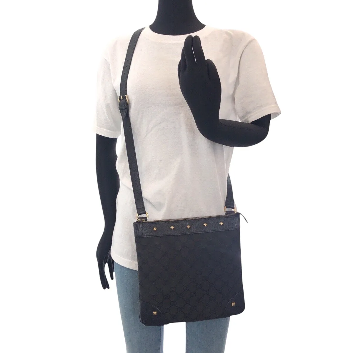 GUCCI Shoulder Bag 120893 GG canvas, leather Black GoldMetal Crossbody Shoulder Bag with studs Women Used
