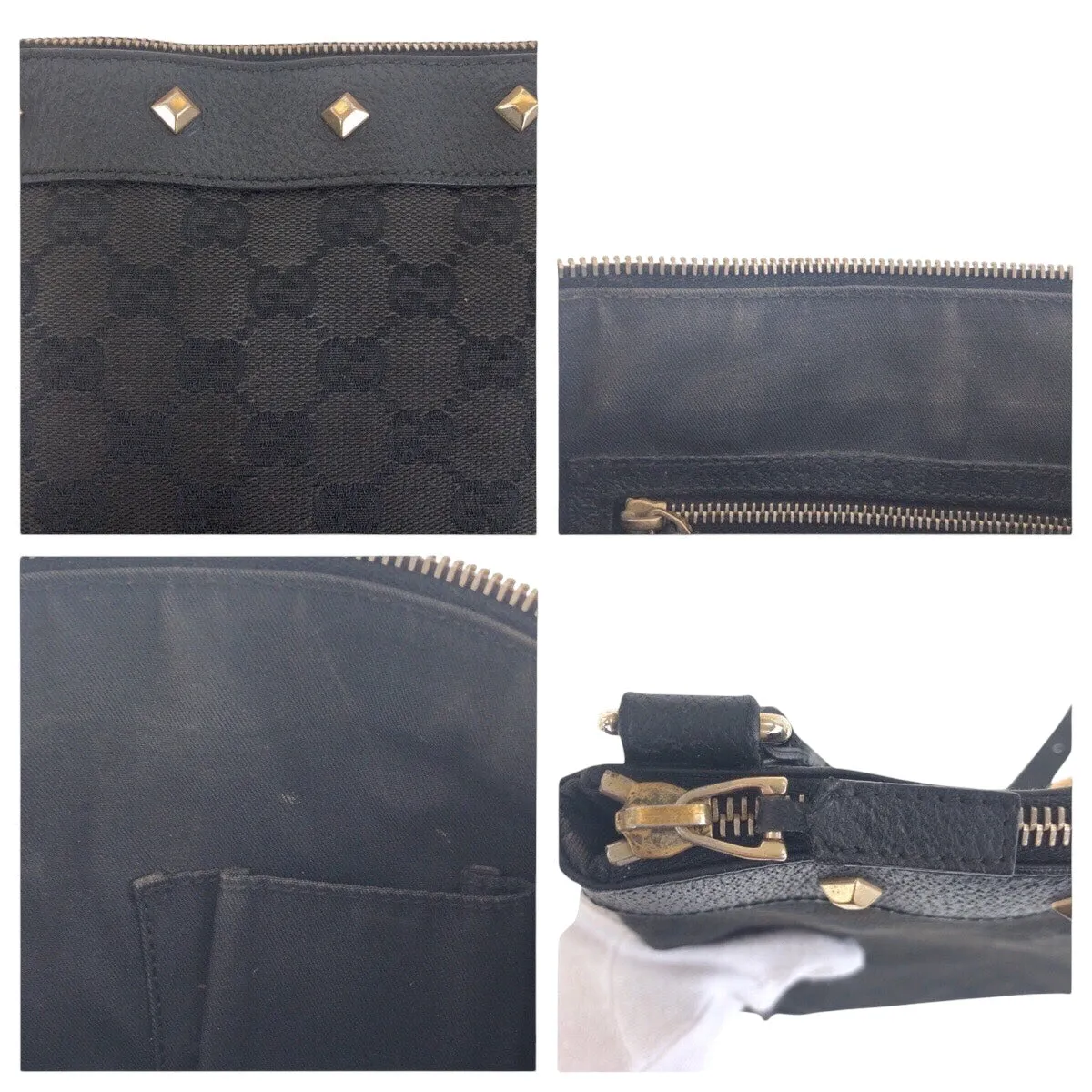 GUCCI Shoulder Bag 120893 GG canvas, leather Black GoldMetal Crossbody Shoulder Bag with studs Women Used