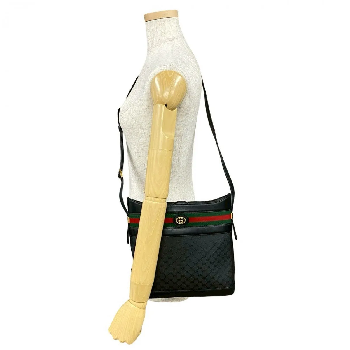 GUCCI Shoulder Bag leather black Micro GG logo Pattern Sherry line