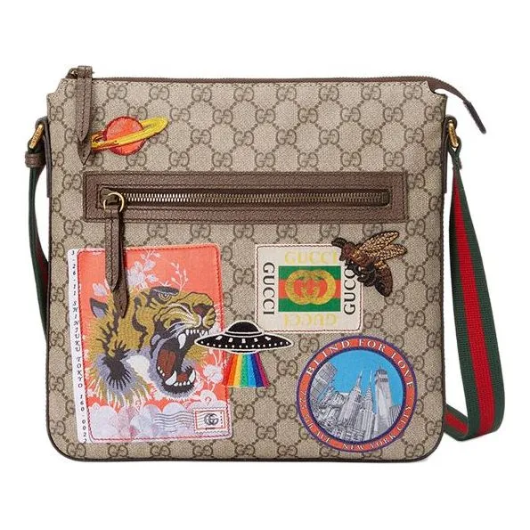 GUCCI Tiger Head Embroidered Stripe Webbing Canvas Shoulder Messenger Bag / Multicolor Unisex 406408-K9RNT-8967