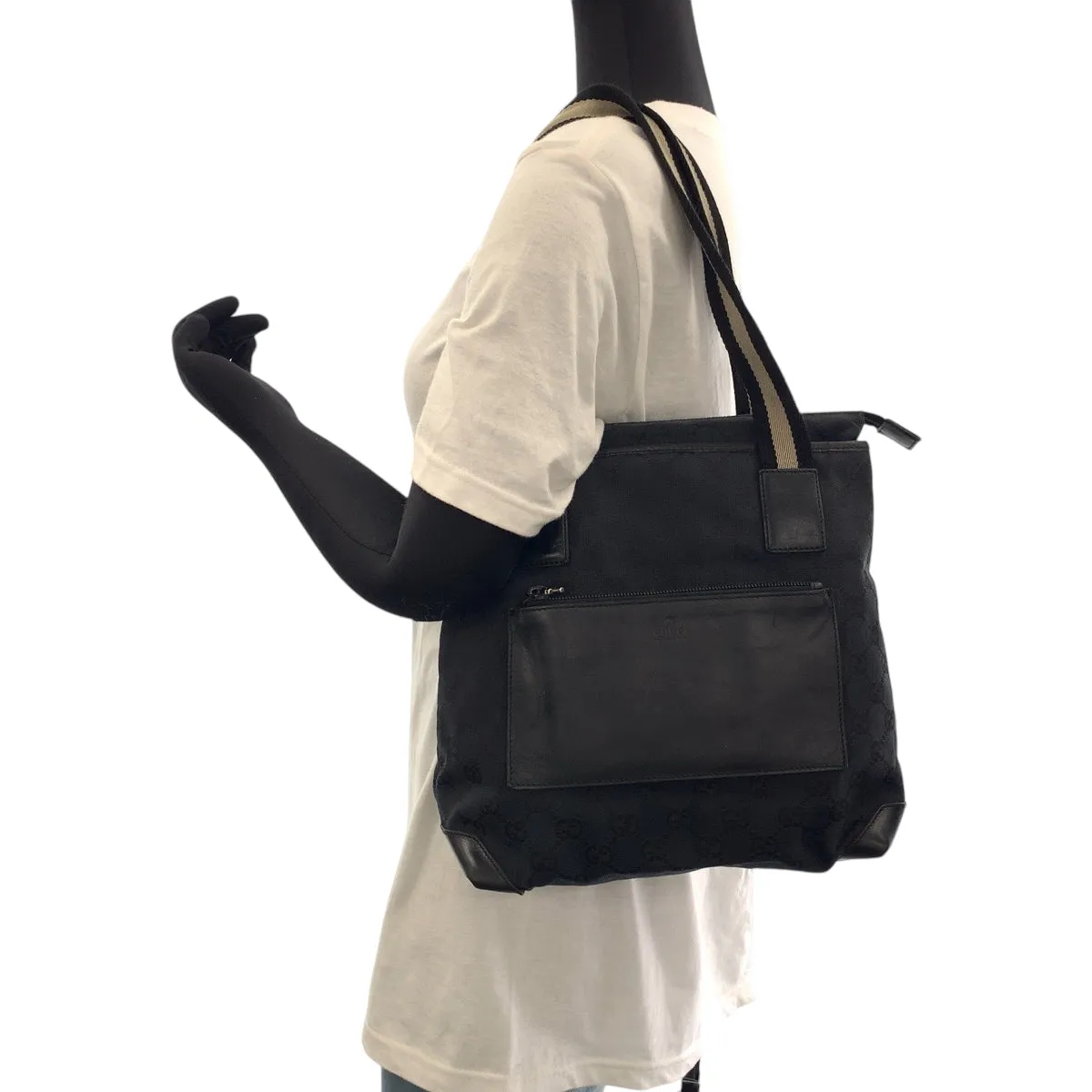 GUCCI Tote Bag 019 0402 GG canvas Black Beige SilverMetal Tote Bag Shoulder Bag Women Used
