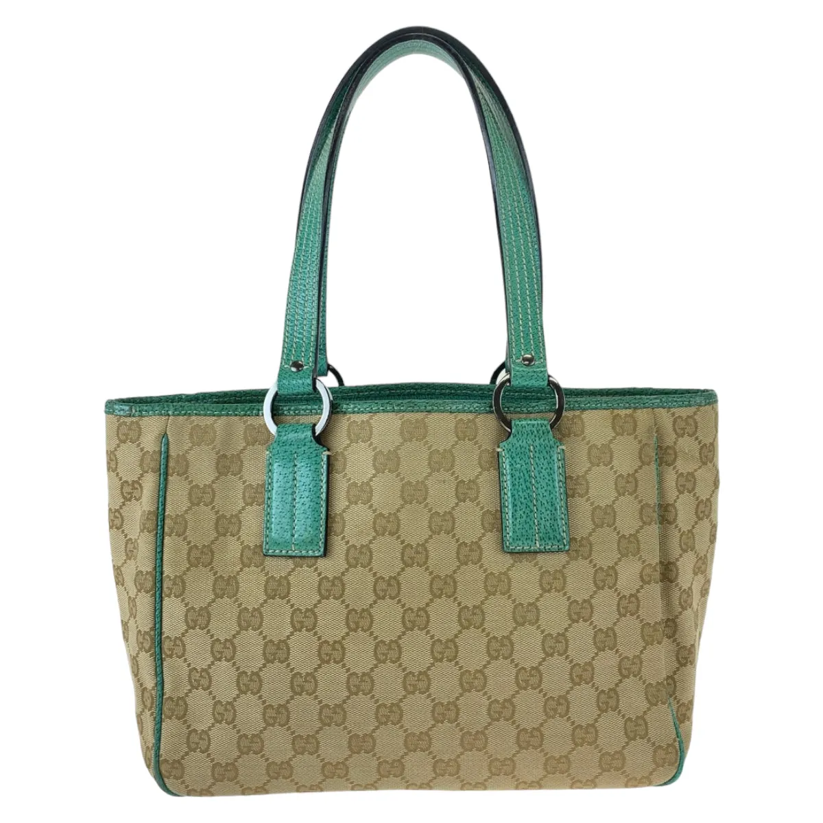 GUCCI Tote Bag 113019 GG canvas, leather Beige Green SilverMetal Tote Bag Shoulder Bag Handbag Women Used