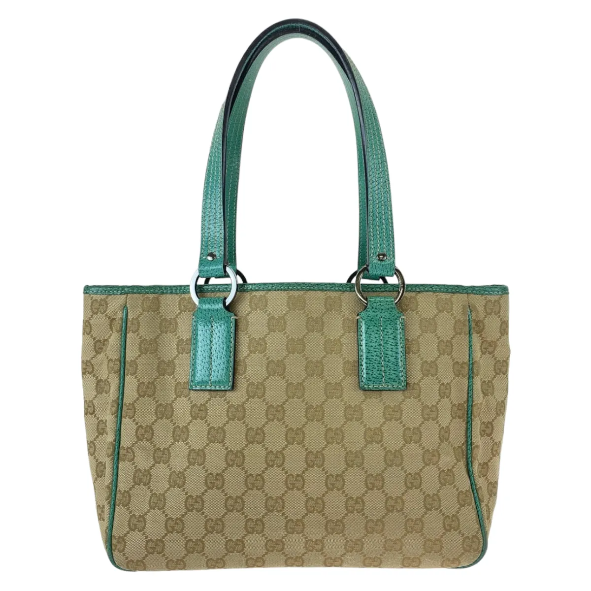 GUCCI Tote Bag 113019 GG canvas, leather Beige Green SilverMetal Tote Bag Shoulder Bag Handbag Women Used