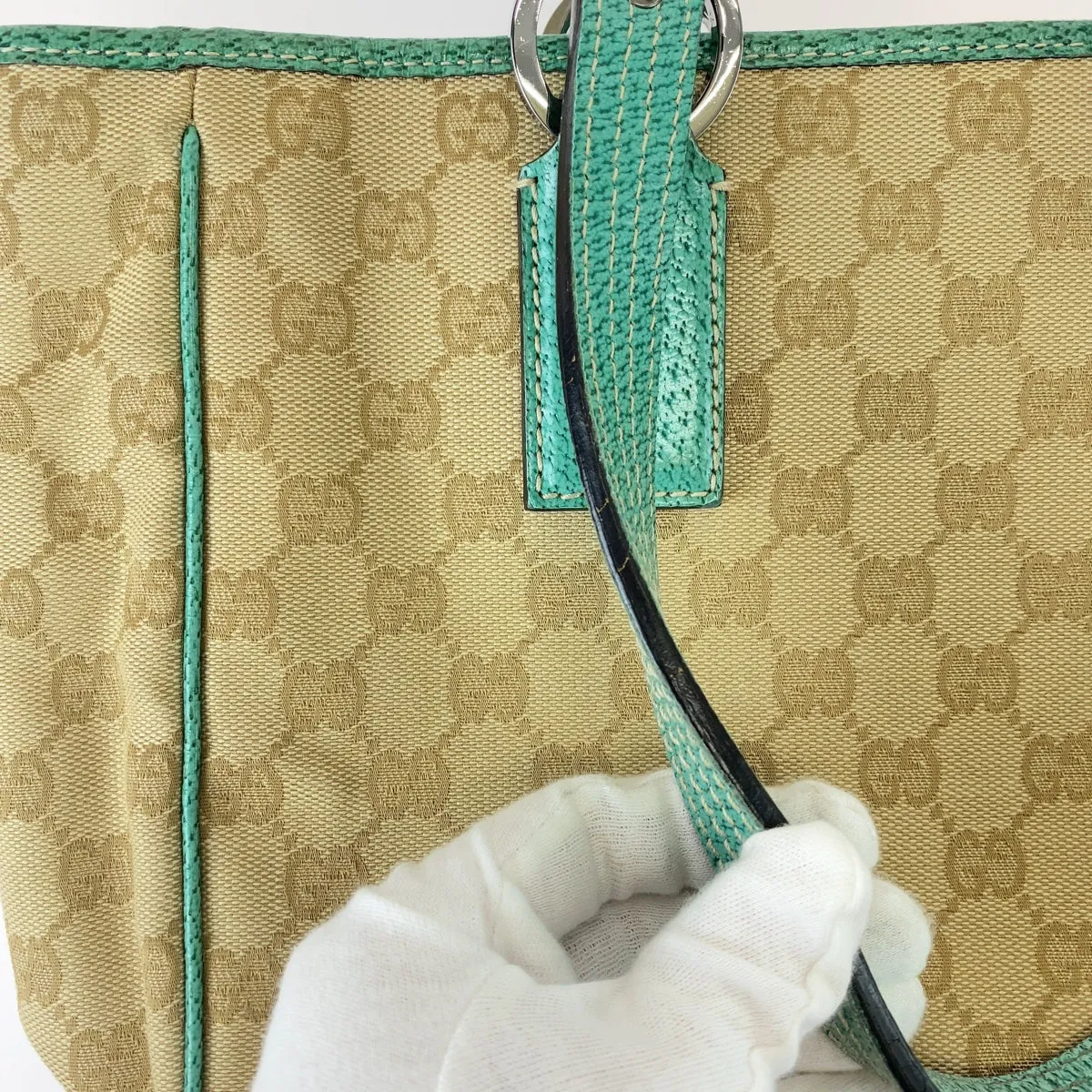 GUCCI Tote Bag 113019 GG canvas, leather Beige Green SilverMetal Tote Bag Shoulder Bag Handbag Women Used