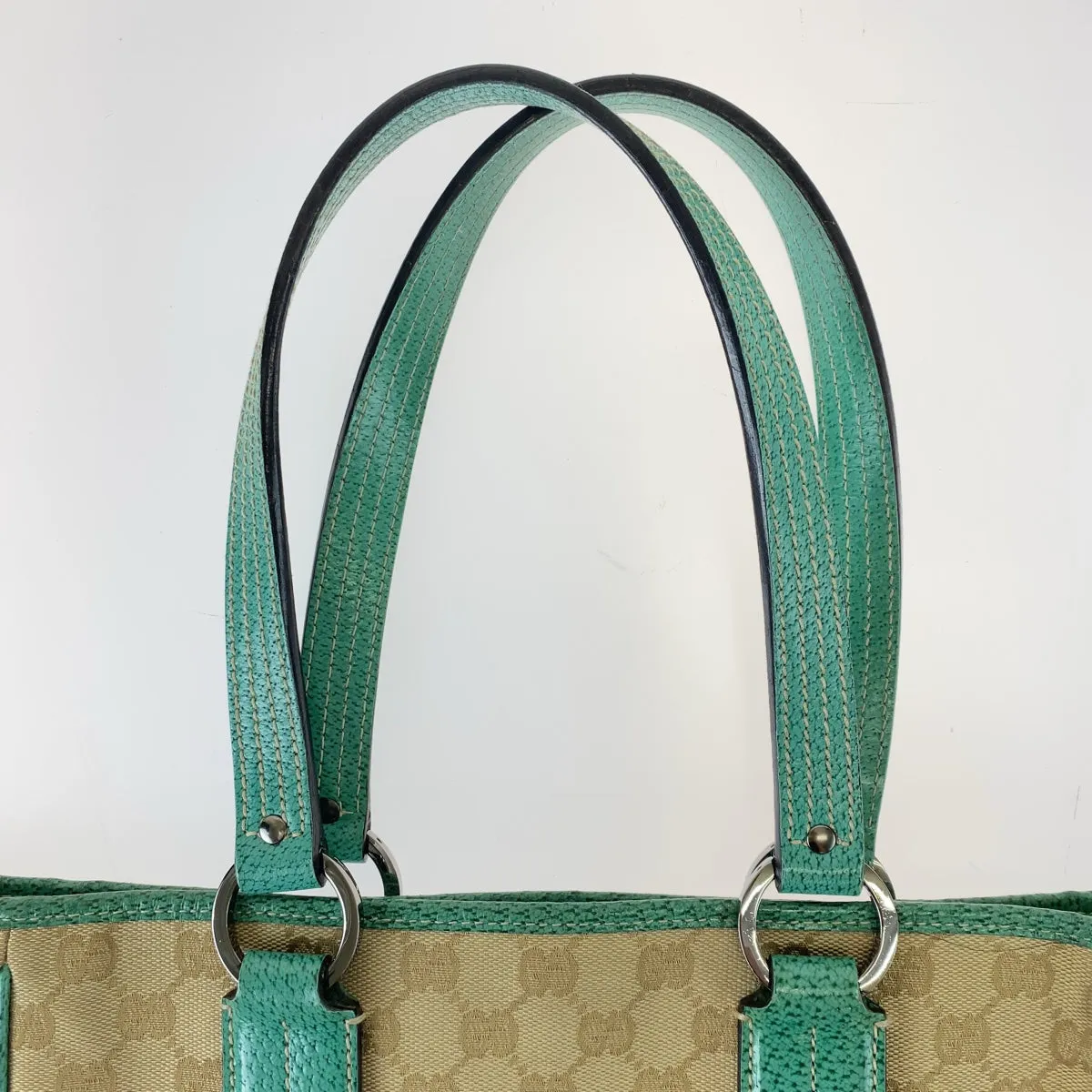 GUCCI Tote Bag 113019 GG canvas, leather Beige Green SilverMetal Tote Bag Shoulder Bag Handbag Women Used