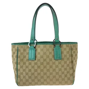 GUCCI Tote Bag 113019 GG canvas, leather Beige Green SilverMetal Tote Bag Shoulder Bag Handbag Women Used