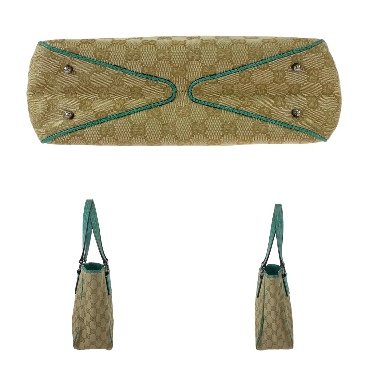 GUCCI Tote Bag 113019 GG canvas, leather Beige Green SilverMetal Tote Bag Shoulder Bag Handbag Women Used
