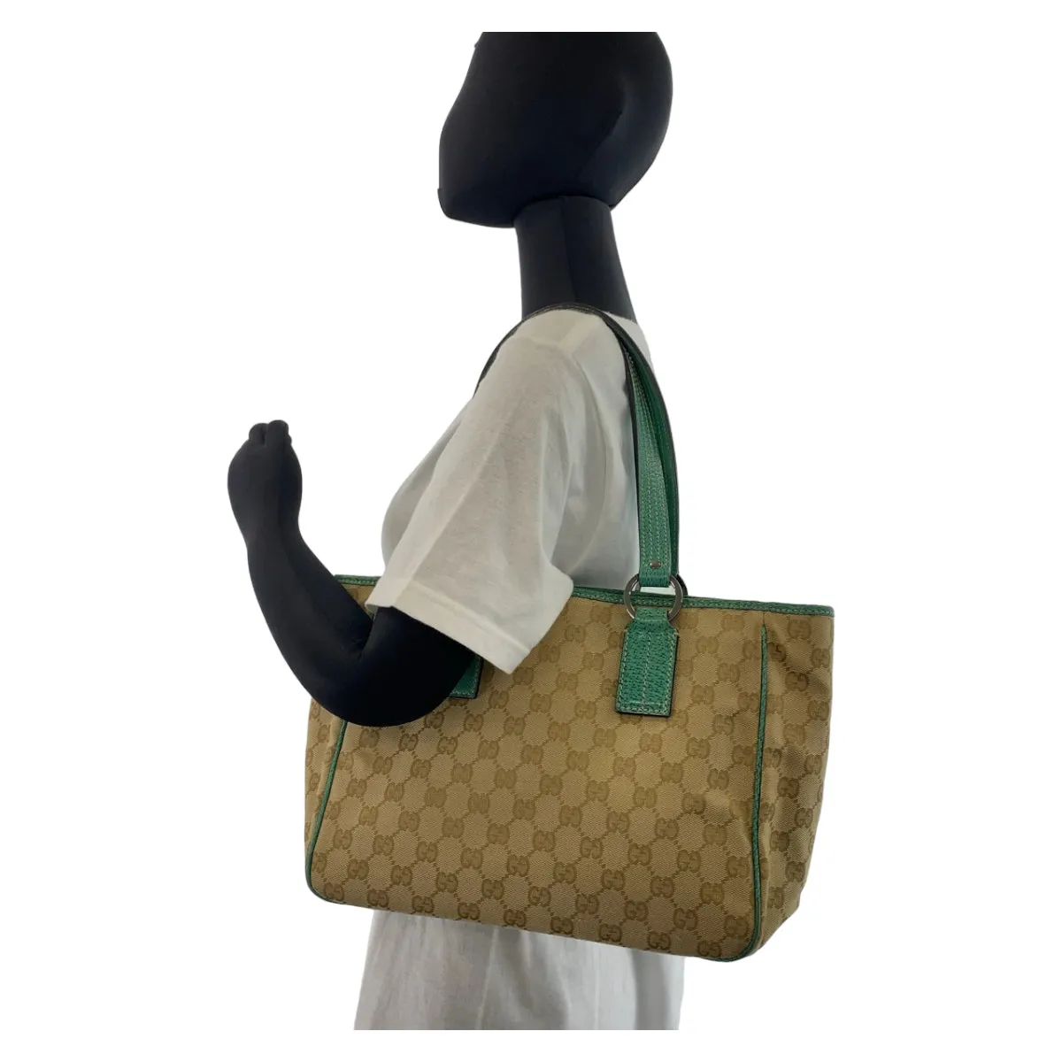 GUCCI Tote Bag 113019 GG canvas, leather Beige Green SilverMetal Tote Bag Shoulder Bag Handbag Women Used