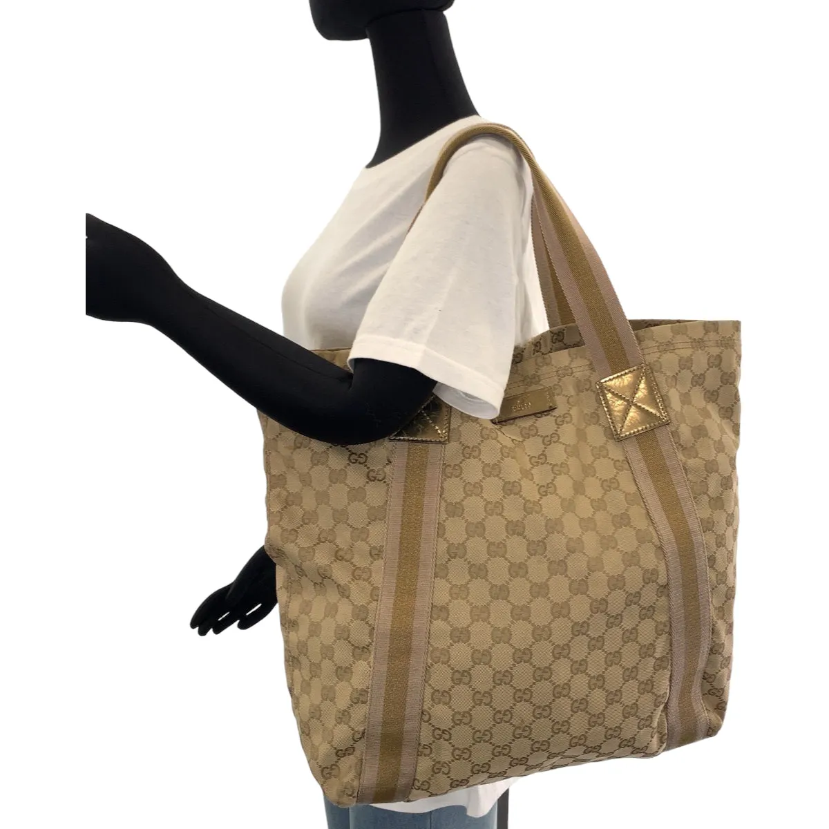 GUCCI Tote Bag 189669 GG canvas Beige gold Tote Bag Shoulder Bag Sherry line Women Used