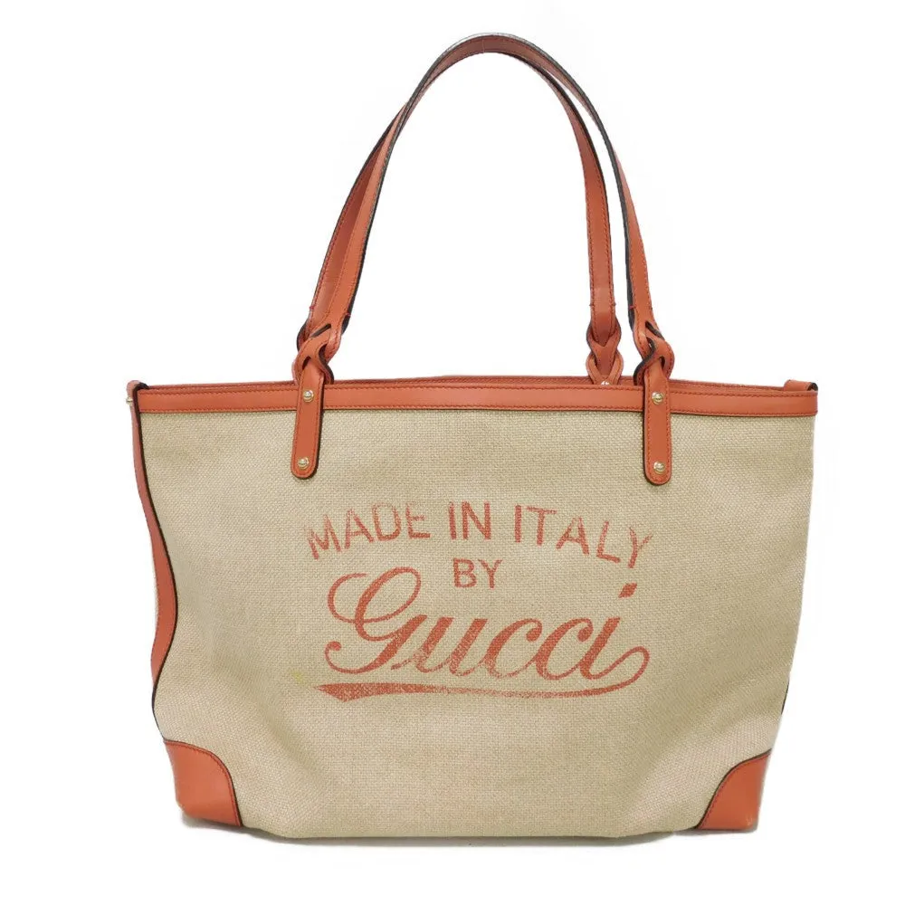 GUCCI Tote Bag 247209 linen natural Calfskin Terracotta Shoulder Bag logo Craft Medium Tote Women Used