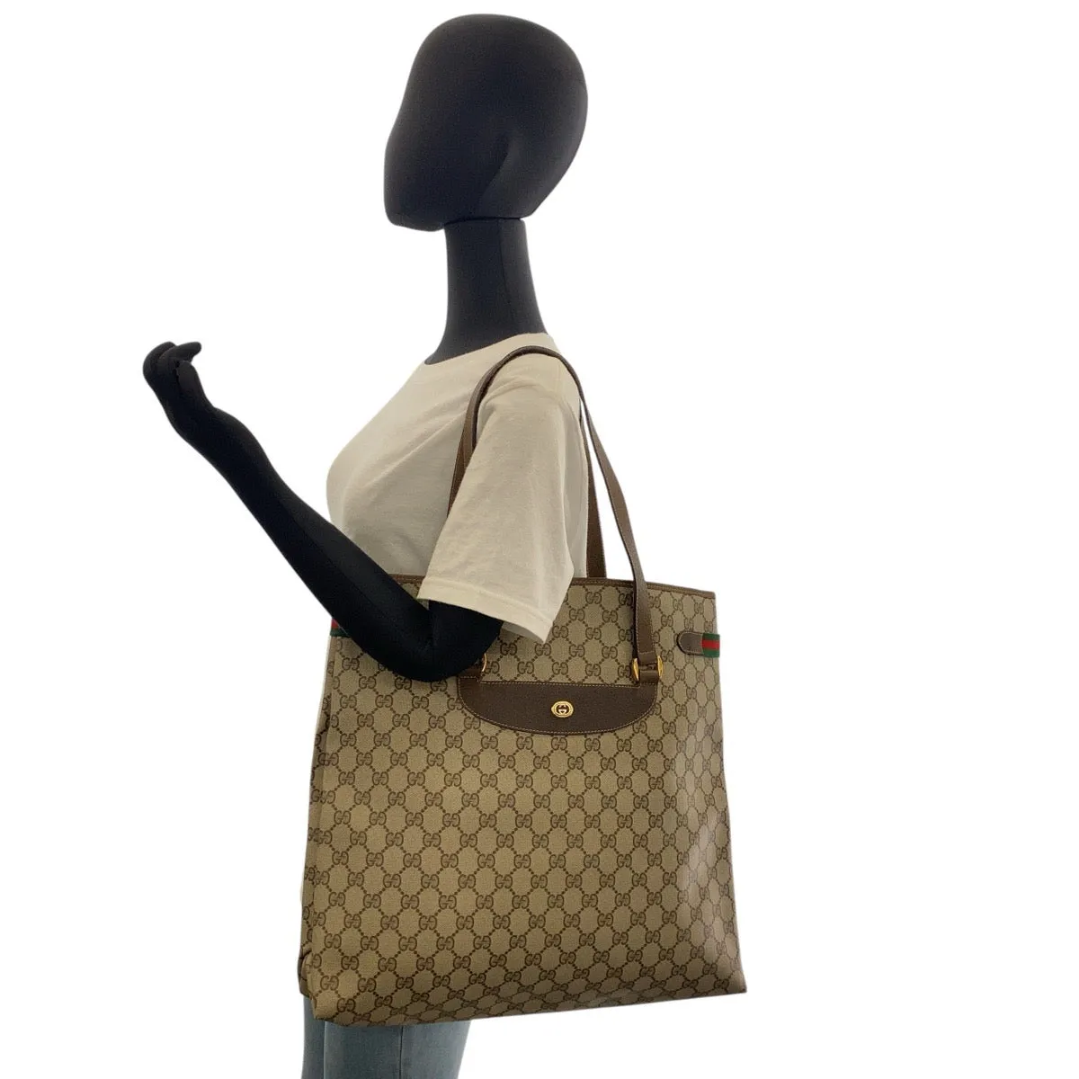 GUCCI Tote Bag 39 02 091 GG Supreme canvas, leather Beige Brown Gold Metal Tote Bag Shoulder Bag Sherry Line Old Gucci Women Used
