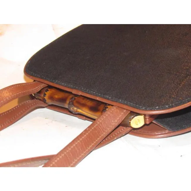 Gucci W Vtg Linenleather Top Handle Purse Accent Black Linenbrown Lthrbamboo Leather And Shoulder Ba