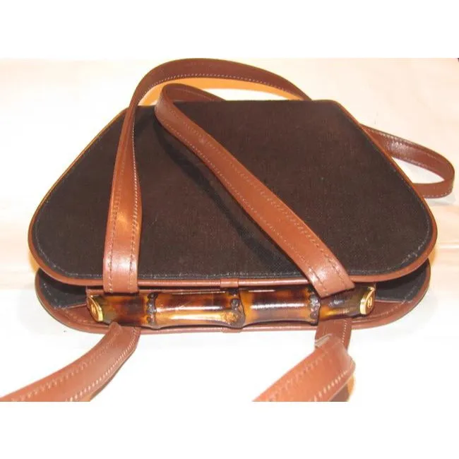 Gucci W Vtg Linenleather Top Handle Purse Accent Black Linenbrown Lthrbamboo Leather And Shoulder Ba